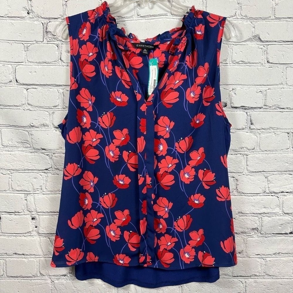 T36 41 Hawthorn XSP Orlee Sleeveless Blouse Tank Shirt Poppy Flowers on Blue